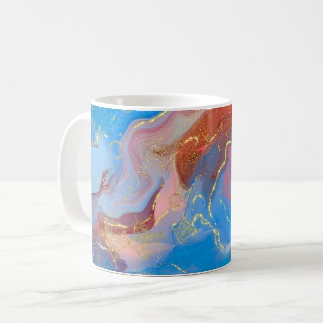 Crimson, Blush, Blau und Gold marmorierter Alkohol Kaffeetasse (Vorderseite Links)
