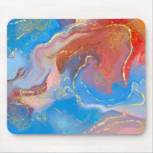 Crimson, Blush, Blau und Gold marmorierter Alkohol Mousepad