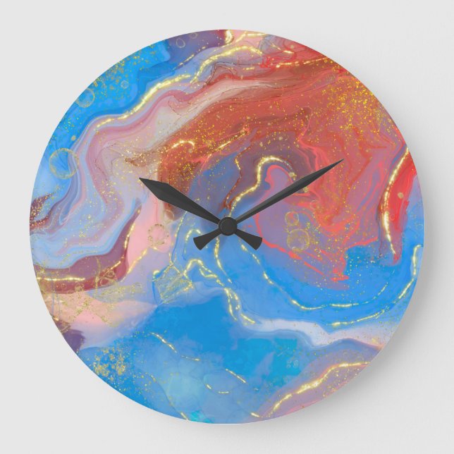 Crimson, Blush, Blue and Gold Marbled Alcohol Ink Große Wanduhr (Vorderseite)