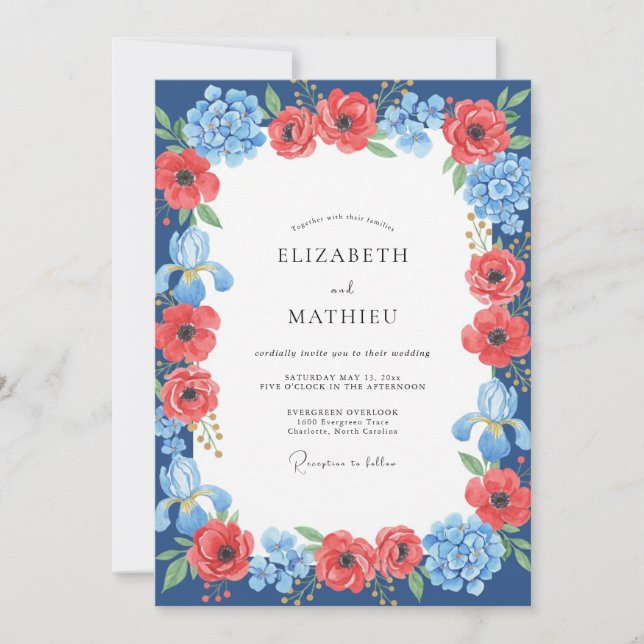 Crimson Cobalt Mohn Hochzeit Einladung (Vorderseite)