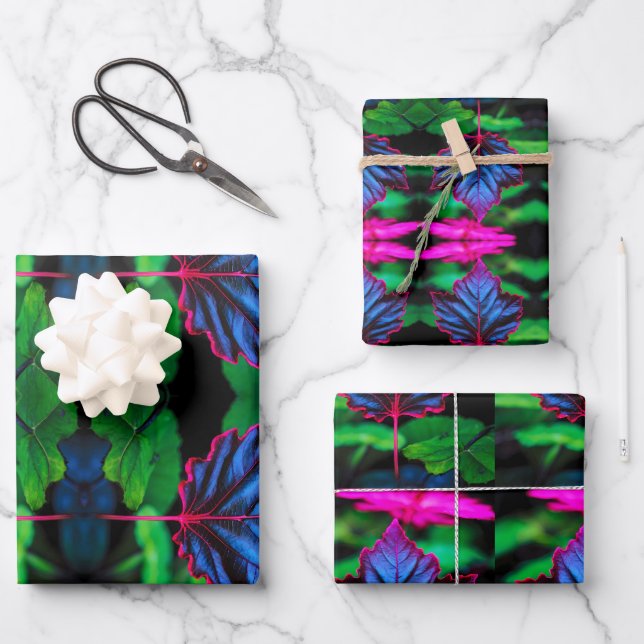 Crimson-Equent Blue - Vivid Leaf Wrapping Paper Geschenkpapier Set (Vorderseite)