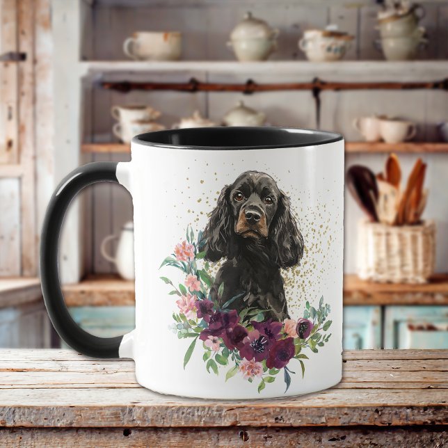 Crimson Floral Bouquet Black Tan Cocker Spanel Tasse (Von Creator hochgeladen)
