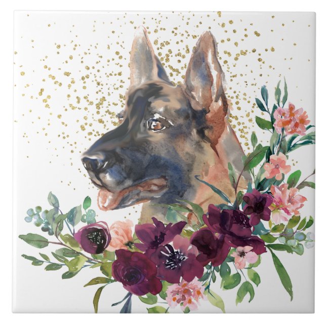Crimson Floral Bouquet German Shepherd Dog Fliese (Vorderseite)