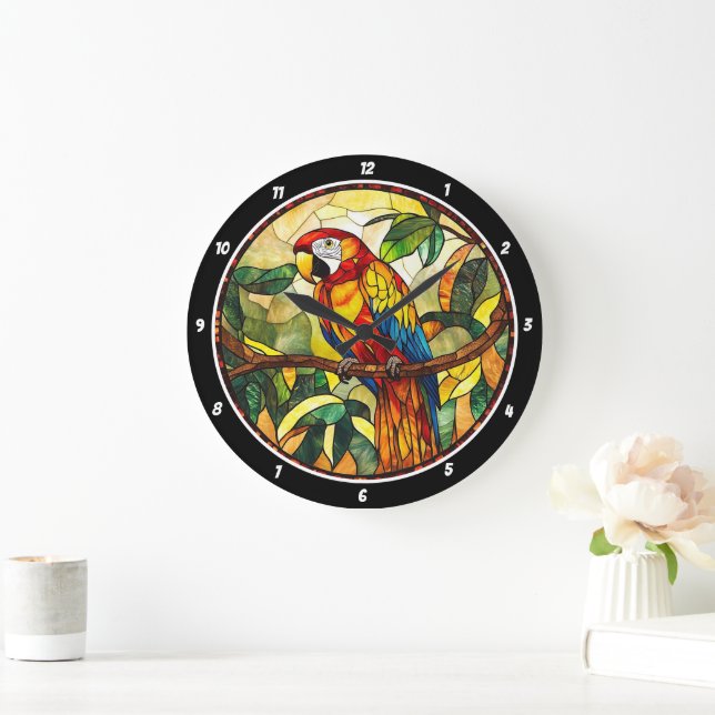 Crimson Jungle Time" - verketteter Glass Red Parro Große Wanduhr (Zuhause)