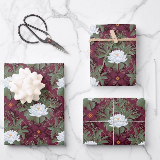 Crimson Lotus Elegance Muster - Der weiße Lotus Geschenkpapier Set (Vorderseite)