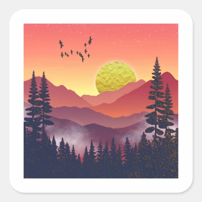 Crimson Mountains Landschaft Quadratischer Aufkleber (Vorderseite)
