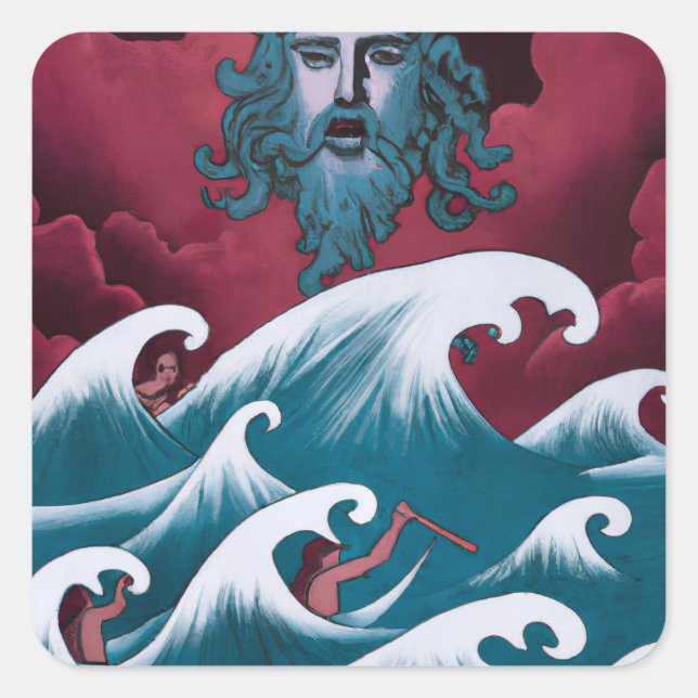 Crimson Neptune Ölgemälde Quadratischer Aufkleber (Vorderseite)
