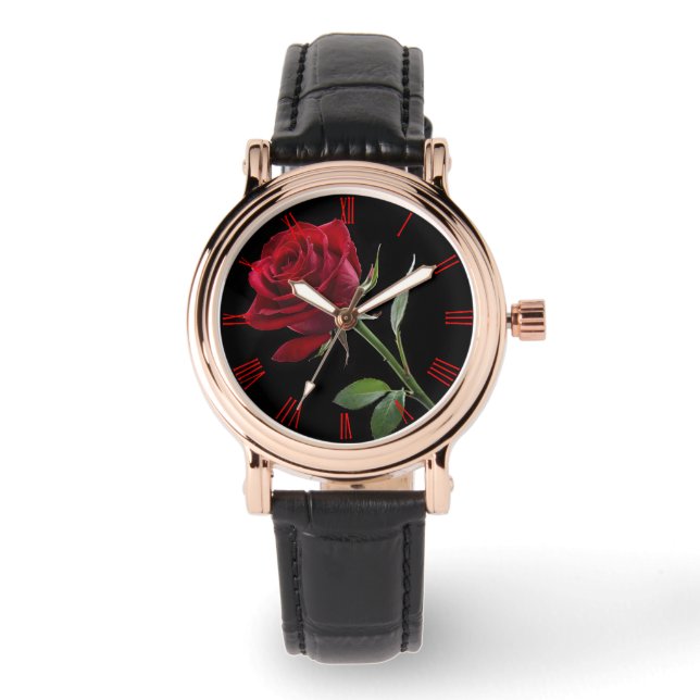 Crimson on Ebony: Die Single-Rote Rose, Armbanduhr (Vorderseite)