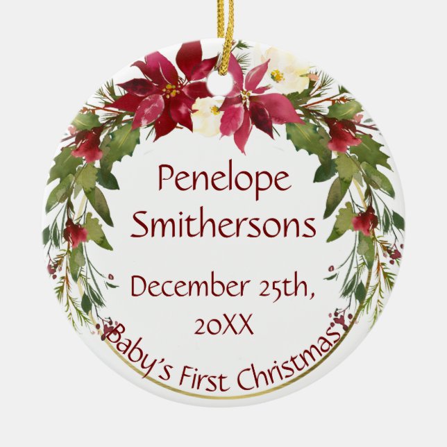 Crimson Poinsettia Wreath Baby's 1. Weihnachten Keramik Ornament (Vorne)