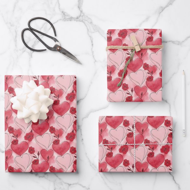 Crimson Red and Blush Pink Hearts and Roses  Geschenkpapier Set (Vorderseite)