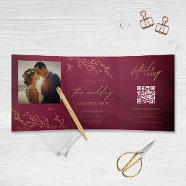 Crimson Red and Gold Botanical Elegant Wedding Dreifach Gefaltete Einladung