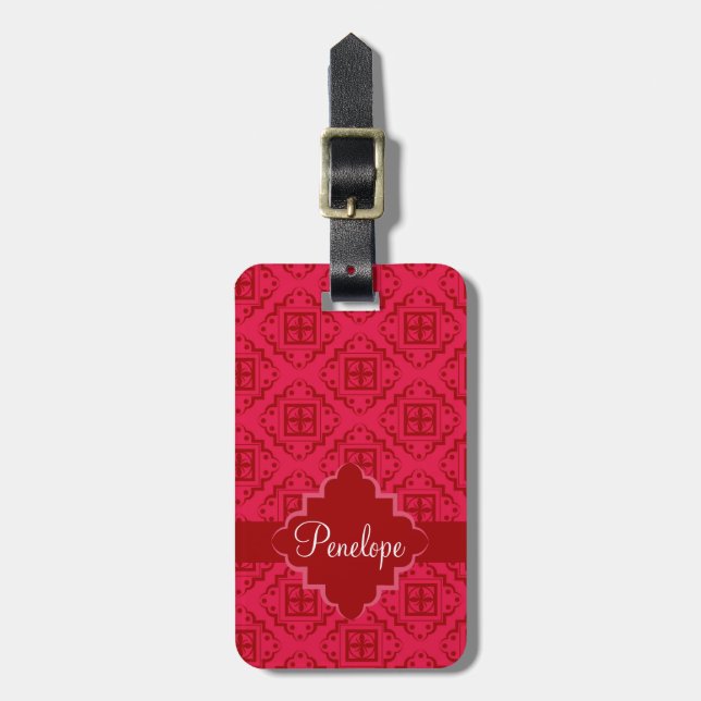 Crimson Red Arabesque marokkanische Grafik Gepäckanhänger (Vorderseite vertikal)