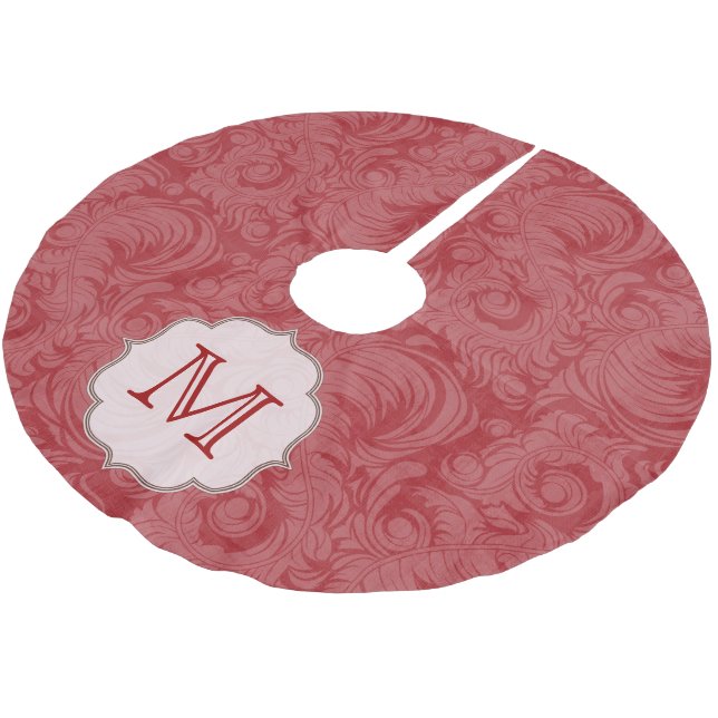 Crimson Red Damask Lac Monogram Initial Tree Skirt Polyester Weihnachtsbaumdecke (Schrägansicht)