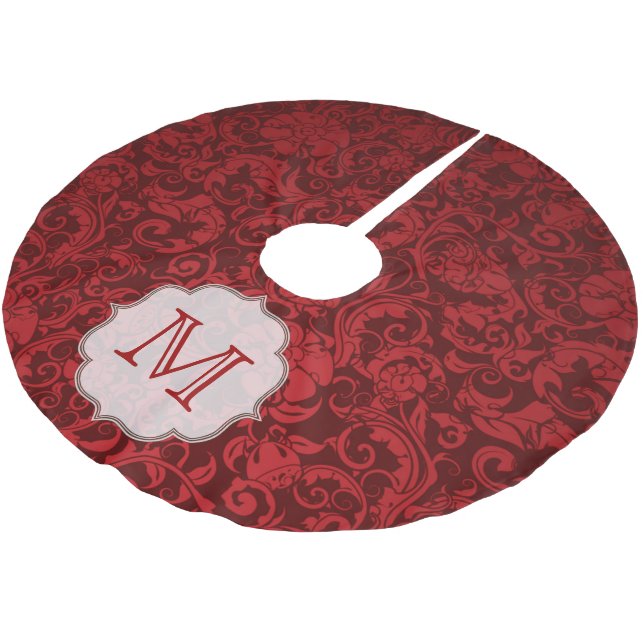 Crimson Red Damask Lac Monogram Initial Tree Skirt Polyester Weihnachtsbaumdecke (Schrägansicht)