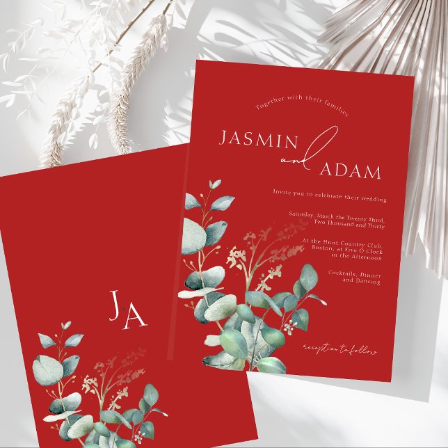 Crimson Red Eucalyptus Greenery Monogram Wedding Einladung (Crimson Red Eucalyptus Greenery Monogram Wedding Invitation)