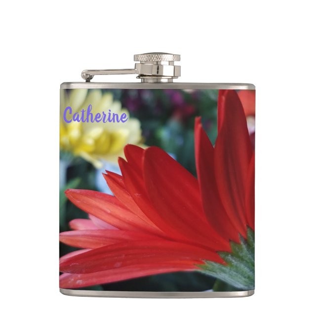 Crimson red Gerbera Daisy Blume nah-up Flachmann (Vorderseite)