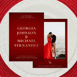 Crimson Red Gold Big Names Foto Monogram Wedding Folieneinladung