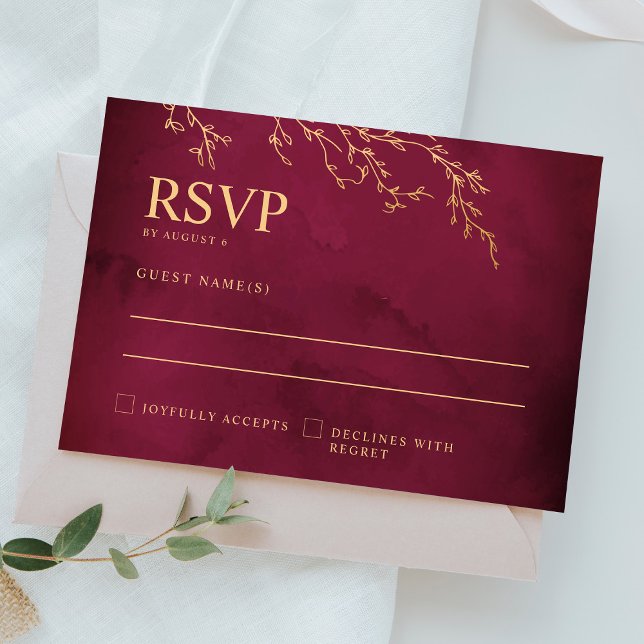 Crimson Red & Gold Botanische Hochzeit RSVP Karte (Von Creator hochgeladen)
