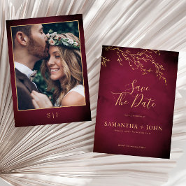 Crimson Red & Gold Botanisches Elegantes Foto Save The Date