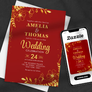 Crimson Red & Gold Floral Wedding Einladung