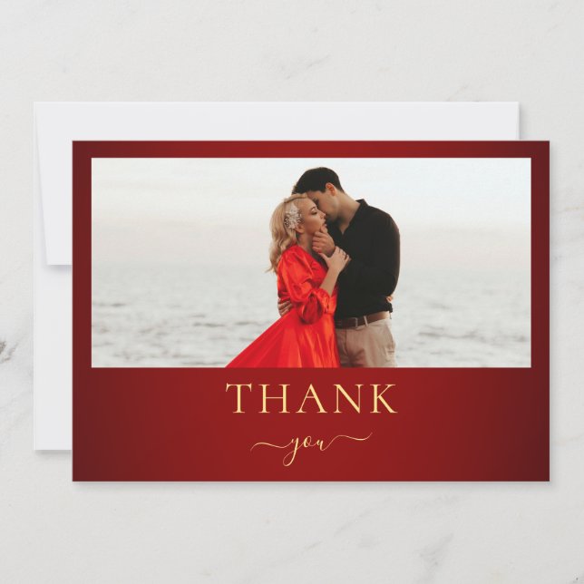 Crimson Red & Gold Minimalistische Foto Hochzeit Dankeskarte (Vorderseite)