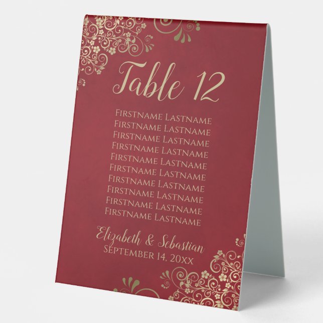 Crimson Red & Gold Wedding Tischnummer & Names Tischaufsteller (Vorderseite)