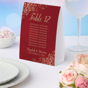 Crimson Red & Gold Wedding Tischnummer & Names Tischaufsteller