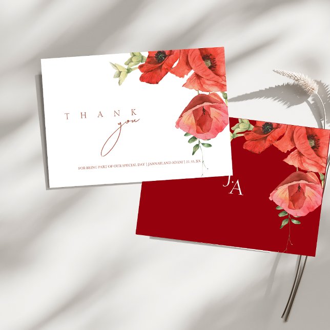 Crimson Red Poppies Floral Wedding Dankeskarte (Crimson Red Poppies Floral Wedding Thank You Card)