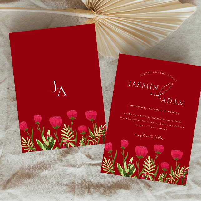 Crimson Red Poppies Monogram Wedding Einladung (Crimson Red Poppies Monogram Wedding Invitation)