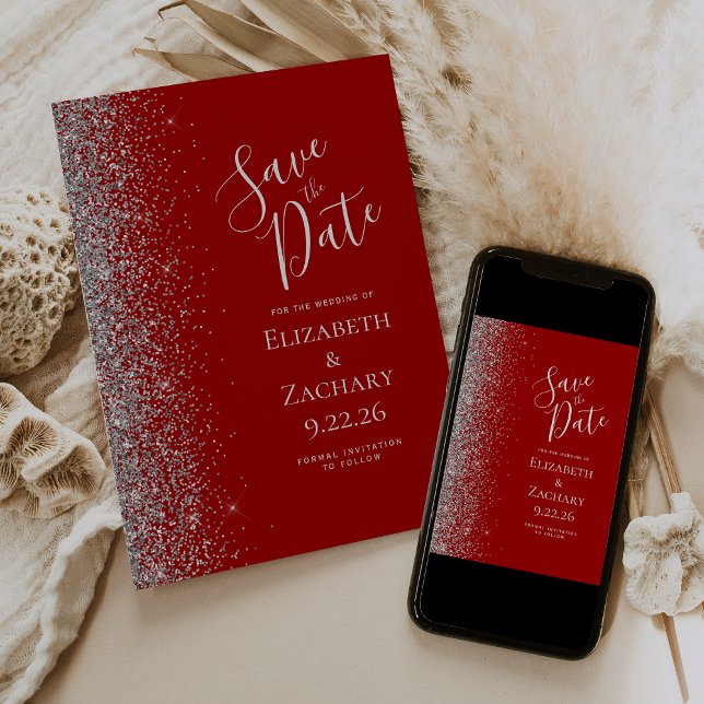 Crimson Red Silver Glitzer Save the Date Ankündigung (Von Creator hochgeladen)