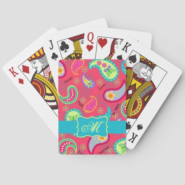 Crimson Red Turquoise Blue Modern Paisley Monogram Spielkarten (Rückseite)