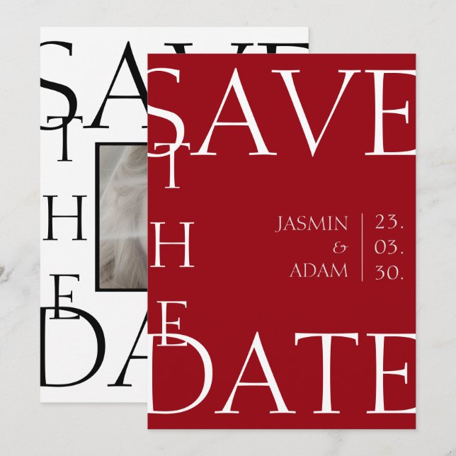 Crimson Red White Minimal Foto Hochzeit Save The Date (Vorne/Hinten)