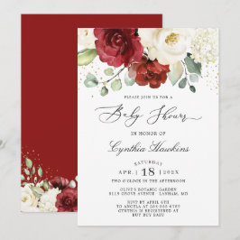 Crimson Red White Rustic Chic Floral Baby Dusche Einladung
