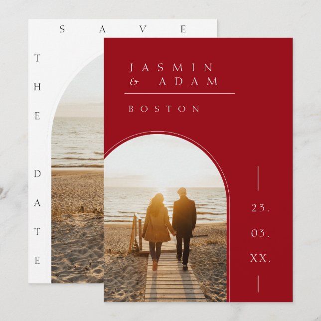 Crimson Red White Simple Foto Wedding Save The Date (Vorne/Hinten)
