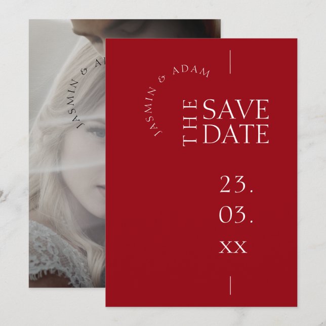 Crimson Red White Simple Foto Wedding Save The Date (Vorne/Hinten)