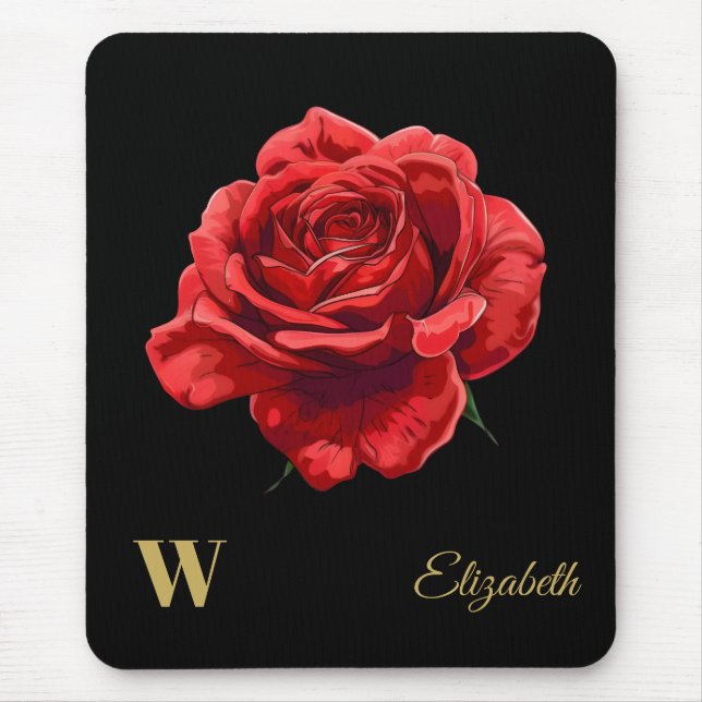 Crimson-Rose auf Black Gold Script Personalisiert Mousepad (Vorne)