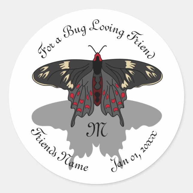 Crimson Rose Butterfly Shadow Monogram Runder Aufkleber (Vorderseite)