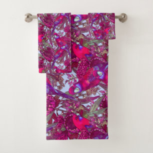 Crimson Rosella und Wildblume Muster Badhandtuch Set