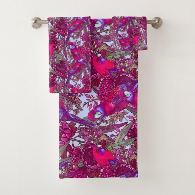 Crimson Rosella und Wildblume Muster Badhandtuch Set (Insitu)