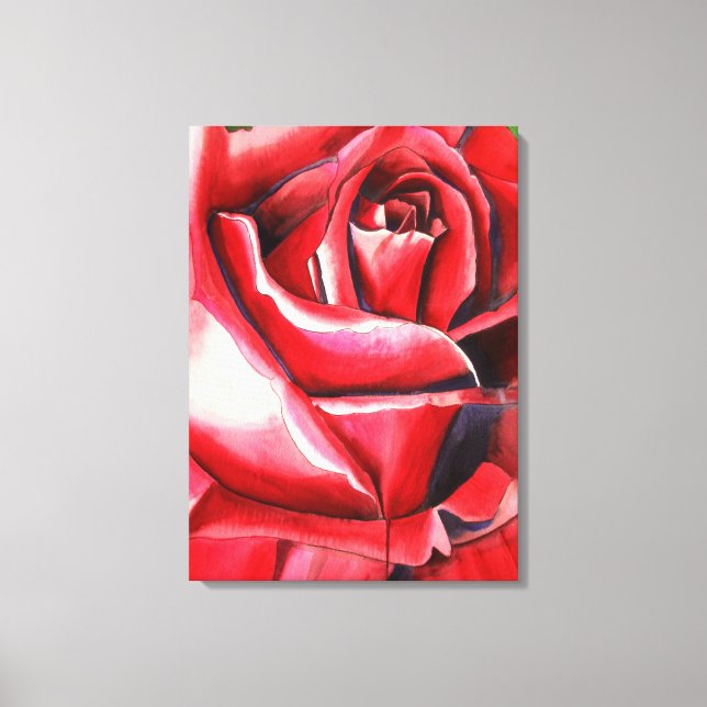 Crimson Rote Rose Original Aquarellmalerei Leinwanddruck (Vorderseite)