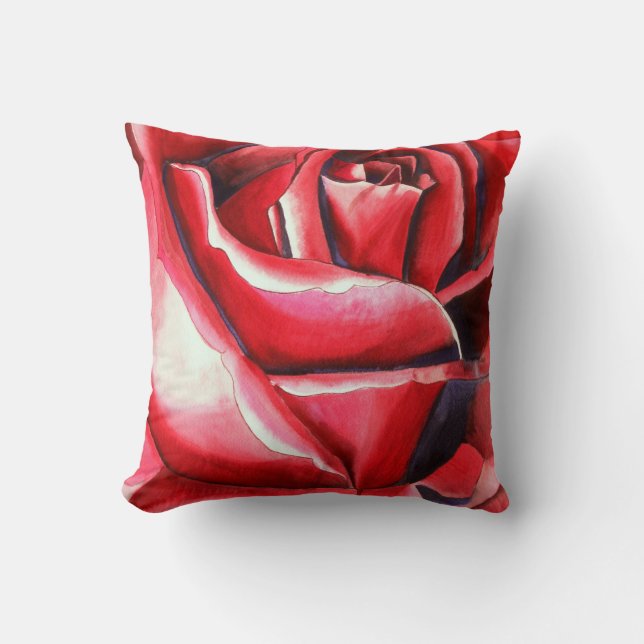 Crimson Rote Rose originales Aquarellmalerei Kissen (Vorderseite)