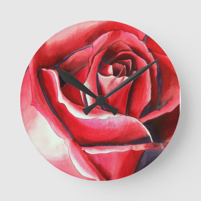 Crimson Rote Rose Originalkunstkunst Runde Wanduhr (Vorderseite)