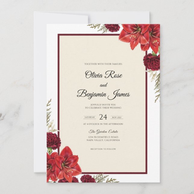 Crimson Ruby Bloom Hochzeit Einladung (Vorderseite)