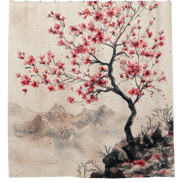 Crimson Sakura Mountain Serenity (1) Duschvorhang (Vorderseite)