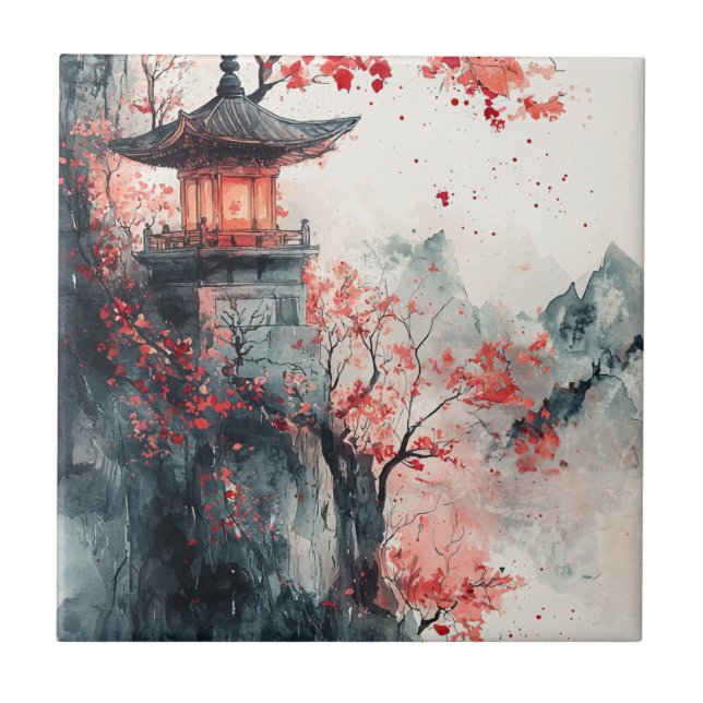 Crimson Sakura Pagode Wasserfarbe Fliese (Vorderseite)