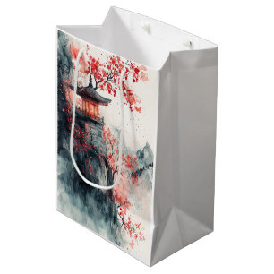 Crimson Sakura Pagode Wasserfarbe Mittlere Geschenktüte