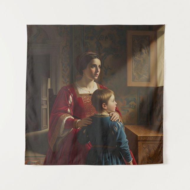 Crimson & Sapphire Whispers: Viktorianisch Mutter  Wandteppich (Vorderseite)