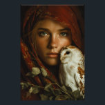 Crimson Scarf Snowy Owl Portrait Mystery Fotodruck<br><div class="desc">A young woman with luminous green eyes looks straight ahead beneath a richly textured crimson headscarf that frames her face like a medieval veil. A snowy owl with delicate brown markings perches calmly on her shoulder, its gaze mirroring hers in quiet intensity. Golden autumn leaves cling to the fabric and...</div>