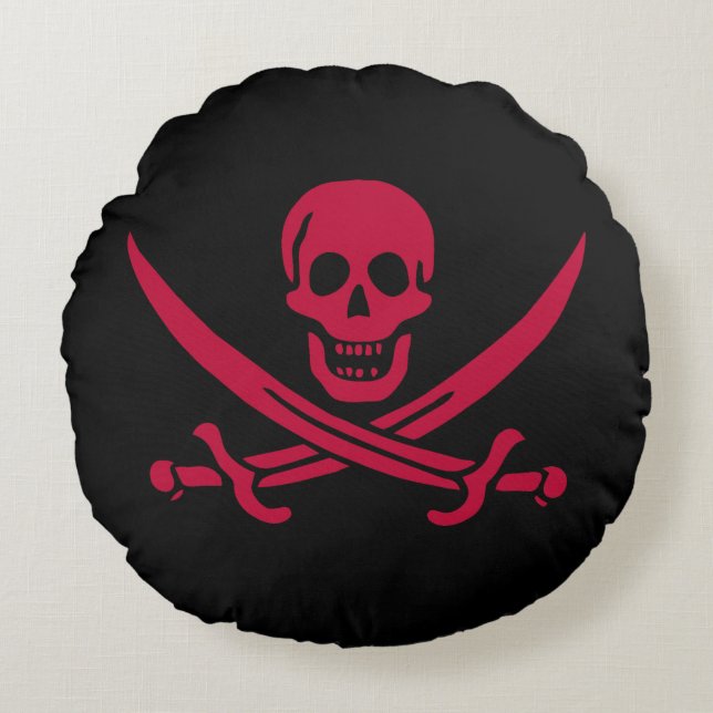 Crimson Skull & Schwerter Pirate Fahne von Calico  Rundes Kissen (Vorderseite)
