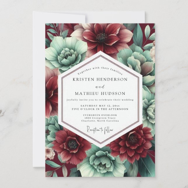 Crimson & Teal Lush Botanical Wedding Einladung (Vorderseite)